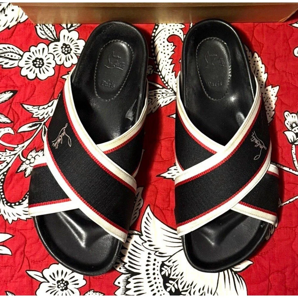 Authentic CHRISTIAN LOUBOUTIN Hot Cross Bizz Donna Web Slides, Size 39(U.S. 8.5)